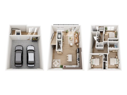 Three different floor plans of a house with a garage and a kitchen.